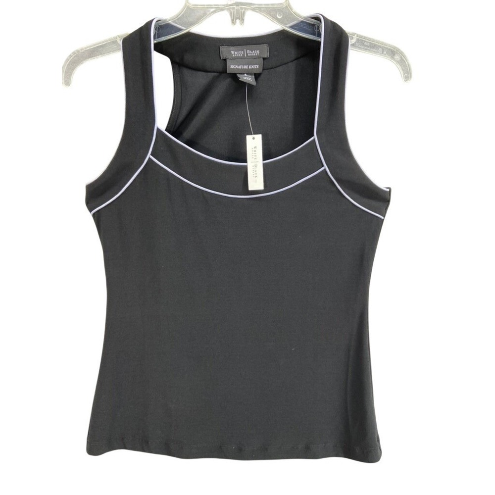 NWT White House Black Market Tank Top Sz S‎ Signature Knits Black White Piping